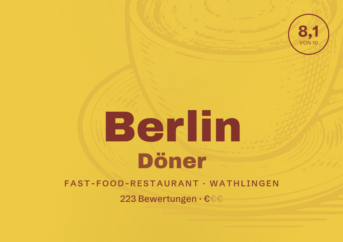 Illustriertes Poster von Berlin Döner, Fast-Food-Restaurant in Wathlingen: Bewertung 8,1 von 10 aus 223 Bewertungen, Preisniveau €