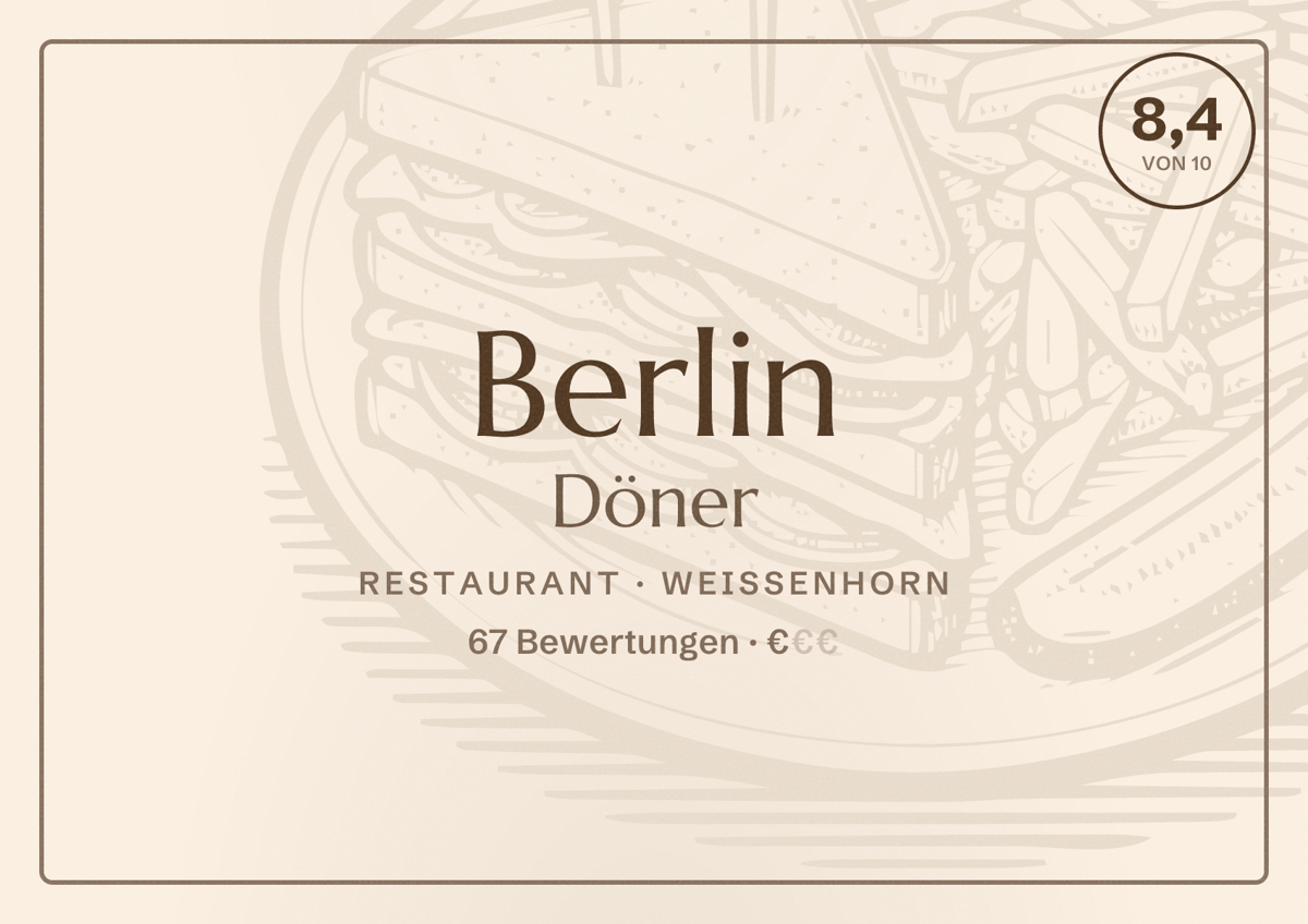 Illustriertes Poster von Berlin Döner, Restaurant in Weißenhorn: Bewertung 8,4 von 10 aus 67 Bewertungen, Preisniveau €