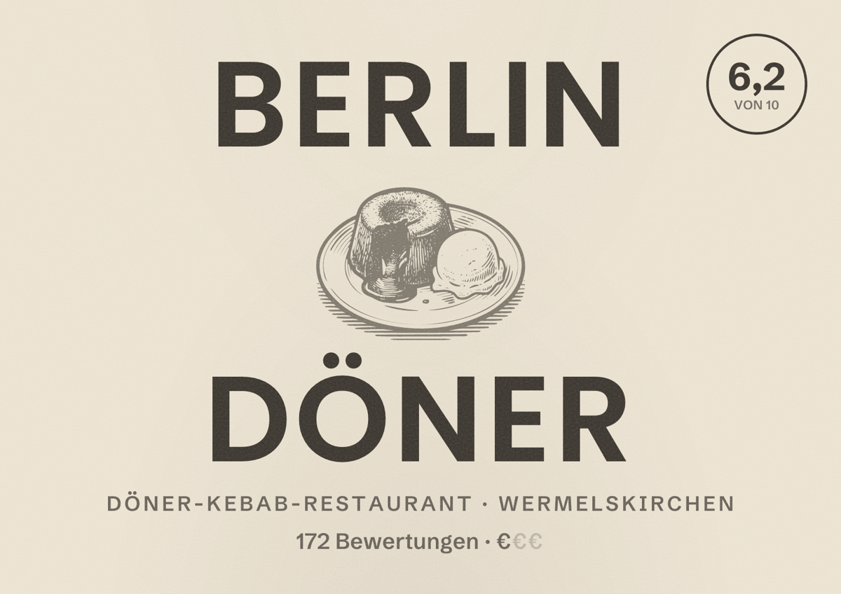 Illustriertes Poster von Berlin Döner, Döner-Kebab-Restaurant in Wermelskirchen: Bewertung 6,2 von 10 aus 172 Bewertungen, Preisniveau €