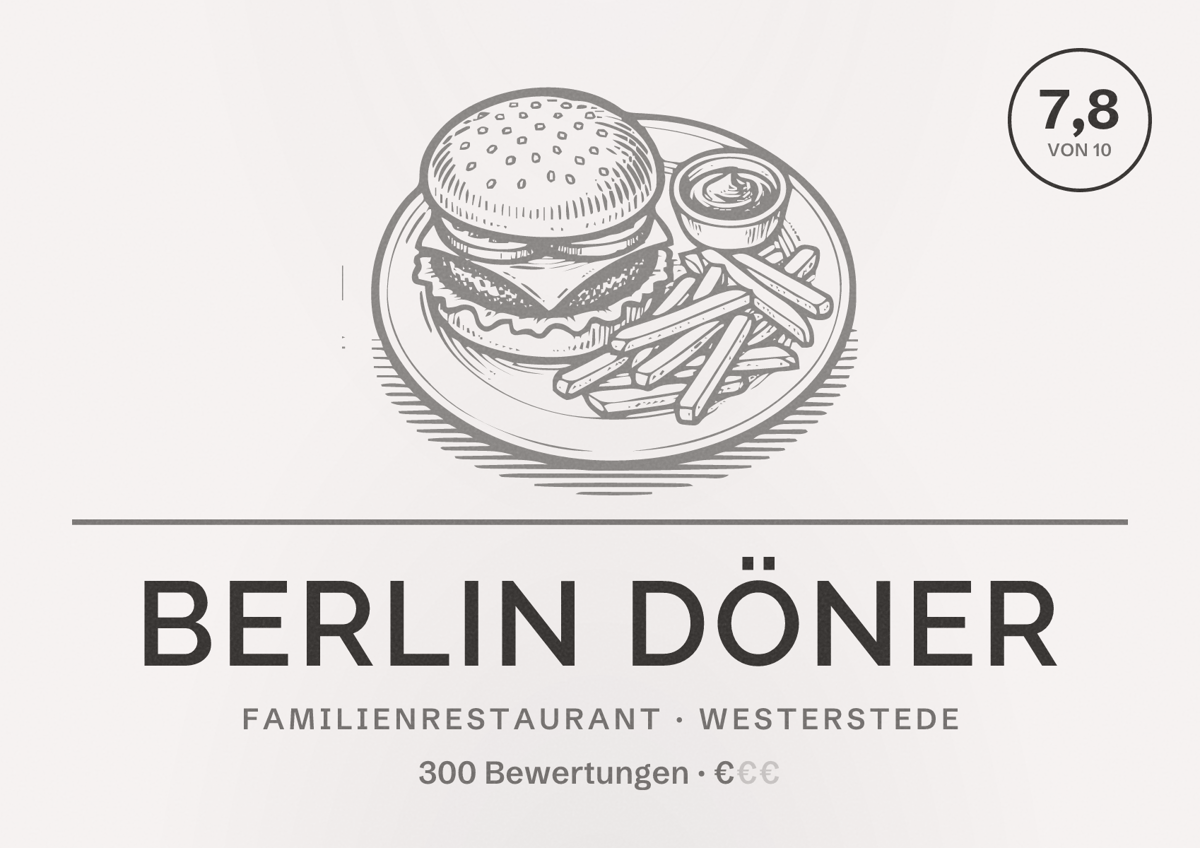 Illustriertes Poster von Berlin Döner, Familienrestaurant in Westerstede: Bewertung 7,8 von 10 aus 300 Bewertungen, Preisniveau €