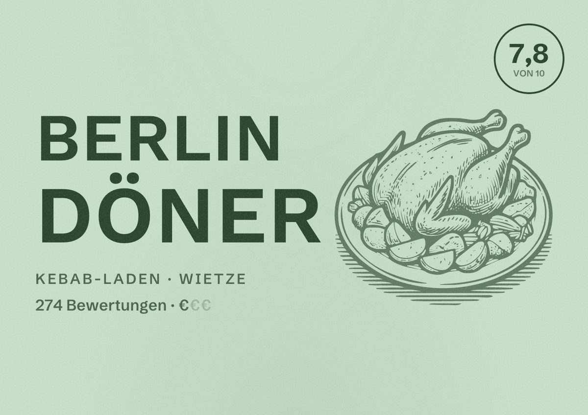 Illustriertes Poster von Berlin Döner, Kebab-Laden in Wietze: Bewertung 7,8 von 10 aus 274 Bewertungen, Preisniveau €