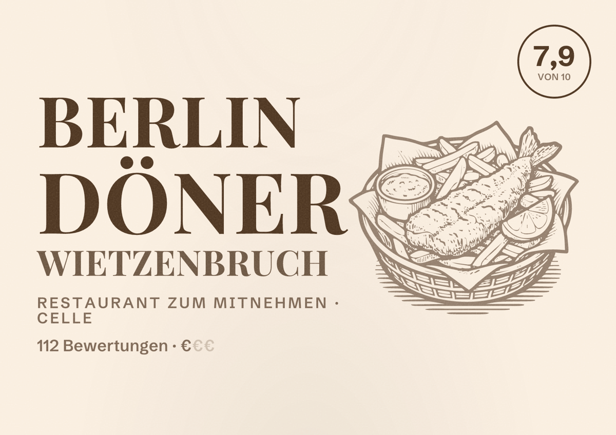 Illustriertes Poster von Berlin Döner wietzenbruch, Restaurant zum Mitnehmen in Celle: Bewertung 7,9 von 10 aus 112 Bewertungen, Preisniveau €