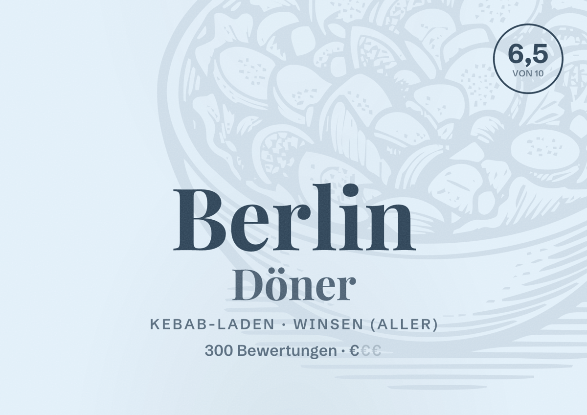 Illustriertes Poster von Berlin Döner, Kebab-Laden in Winsen (Aller): Bewertung 6,5 von 10 aus 300 Bewertungen, Preisniveau €