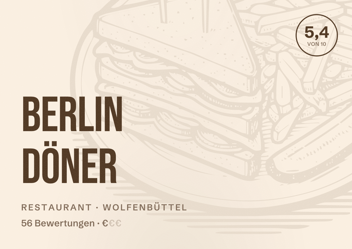 Illustriertes Poster von Berlin Döner, Restaurant in Wolfenbüttel: Bewertung 5,4 von 10 aus 56 Bewertungen, Preisniveau €