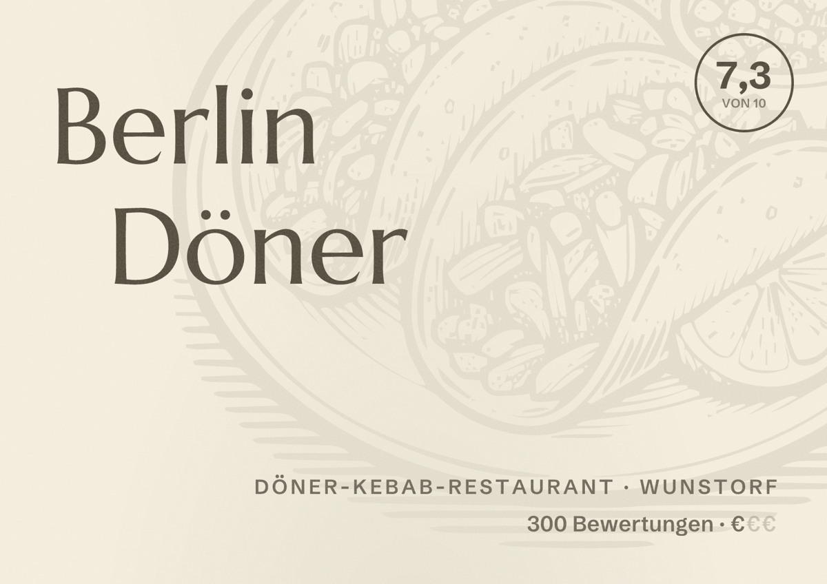 Illustriertes Poster von Berlin Döner, Döner-Kebab-Restaurant in Wunstorf: Bewertung 7,3 von 10 aus 300 Bewertungen, Preisniveau €