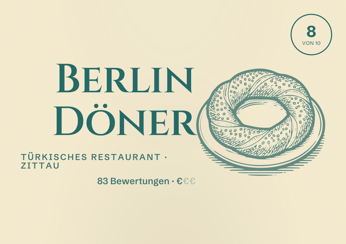 Illustriertes Poster von Berlin Döner, Türkisches Restaurant in Zittau: Bewertung 8 von 10 aus 83 Bewertungen, Preisniveau €