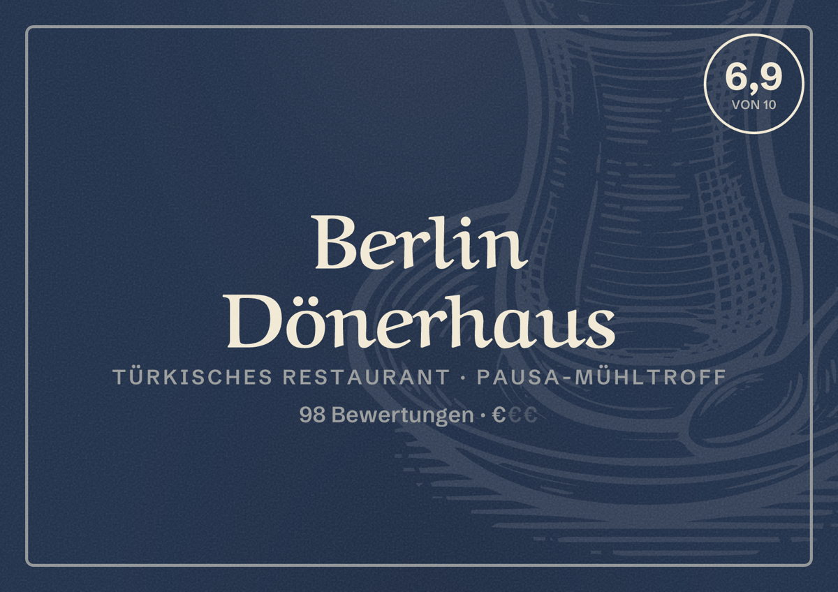 Illustriertes Poster von Berlin Dönerhaus, Türkisches Restaurant in Pausa-Mühltroff: Bewertung 6,9 von 10 aus 98 Bewertungen, Preisniveau €