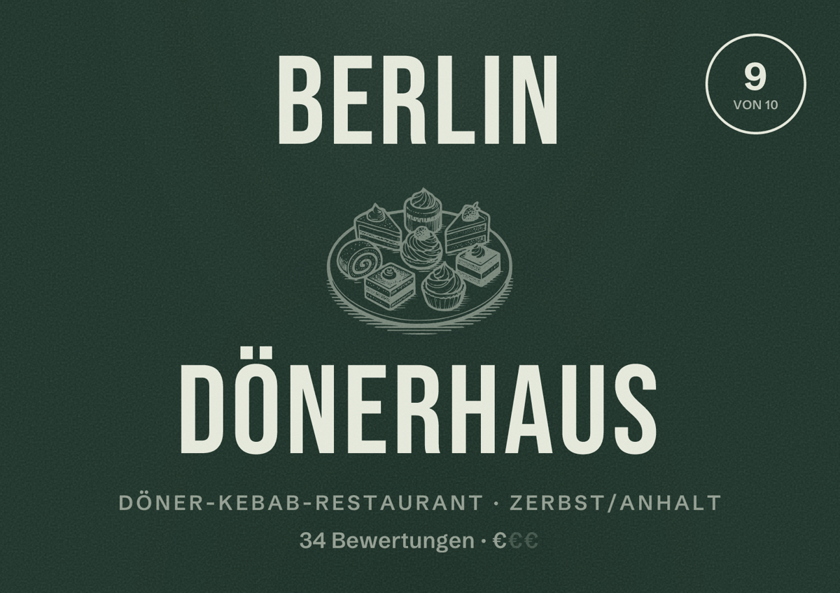 Illustriertes Poster von Berlin Dönerhaus, Döner-Kebab-Restaurant in Zerbst/Anhalt: Bewertung 9 von 10 aus 34 Bewertungen, Preisniveau €