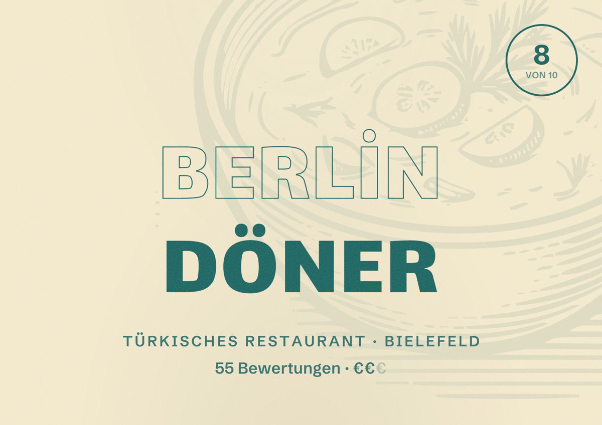 Illustriertes Poster von BERLİN DÖNER, Türkisches Restaurant in Bielefeld: Bewertung 8 von 10 aus 55 Bewertungen, Preisniveau €€