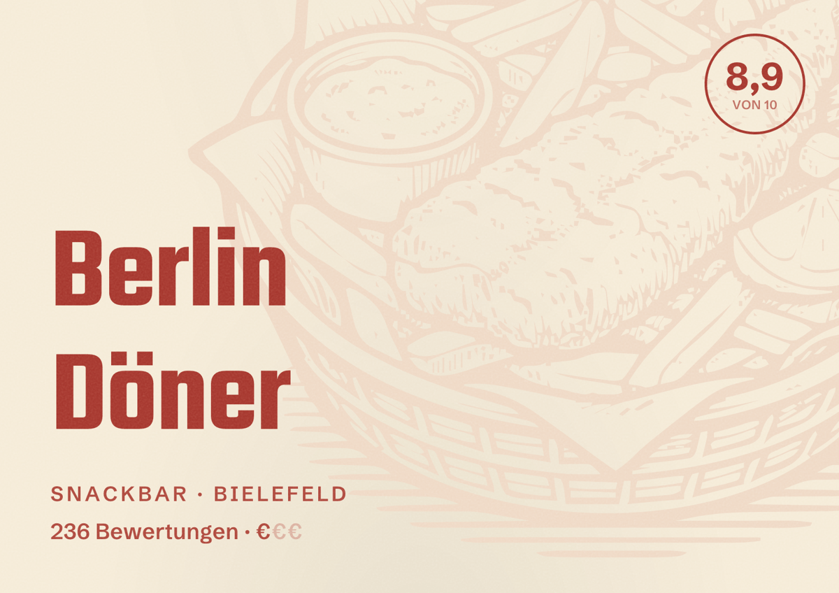 Illustriertes Poster von Berlin Döner, Snackbar in Bielefeld: Bewertung 8,9 von 10 aus 236 Bewertungen, Preisniveau €