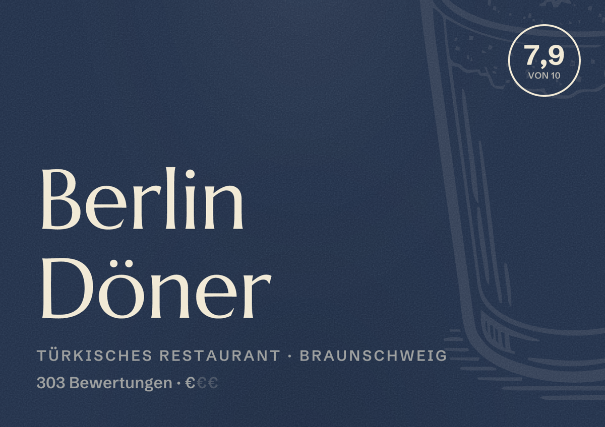 Illustriertes Poster von Berlin Döner, Türkisches Restaurant in Braunschweig: Bewertung 7,9 von 10 aus 303 Bewertungen, Preisniveau €