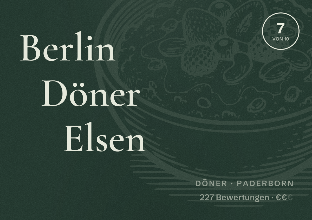 Illustriertes Poster von Berlin Döner Elsen, Döner in Paderborn: Bewertung 7,0 von 10 aus 227 Bewertungen, Preisniveau €€