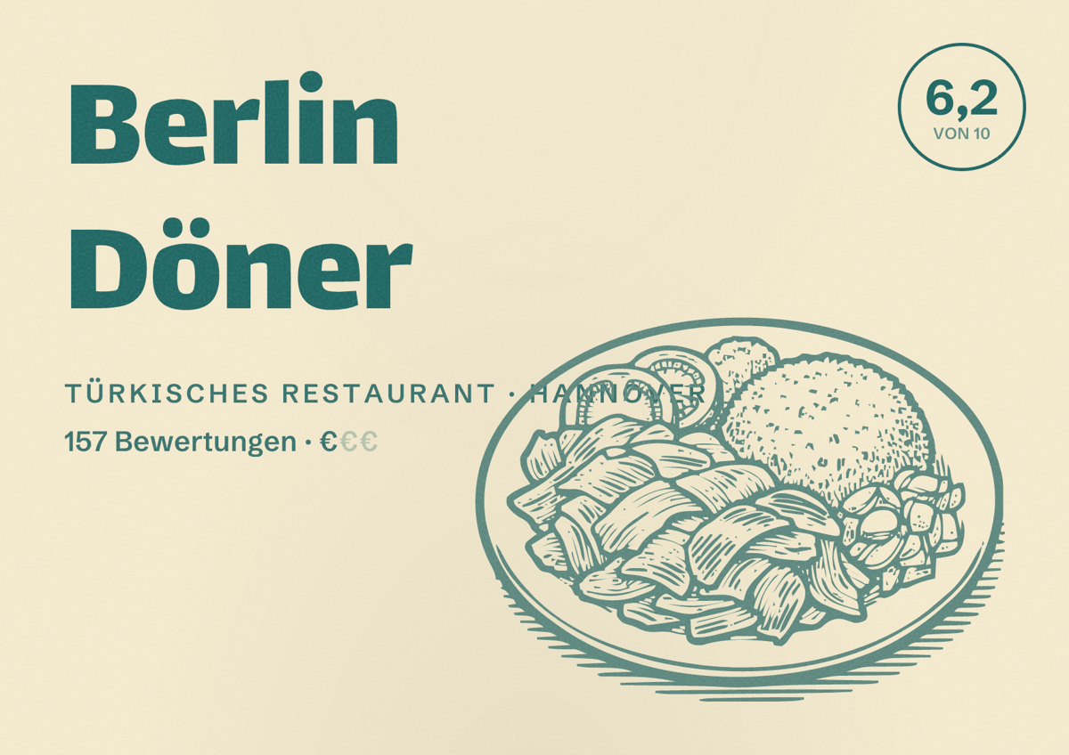 Illustriertes Poster von Berlin Döner, Türkisches Restaurant in Hannover: Bewertung 6,2 von 10 aus 157 Bewertungen, Preisniveau €