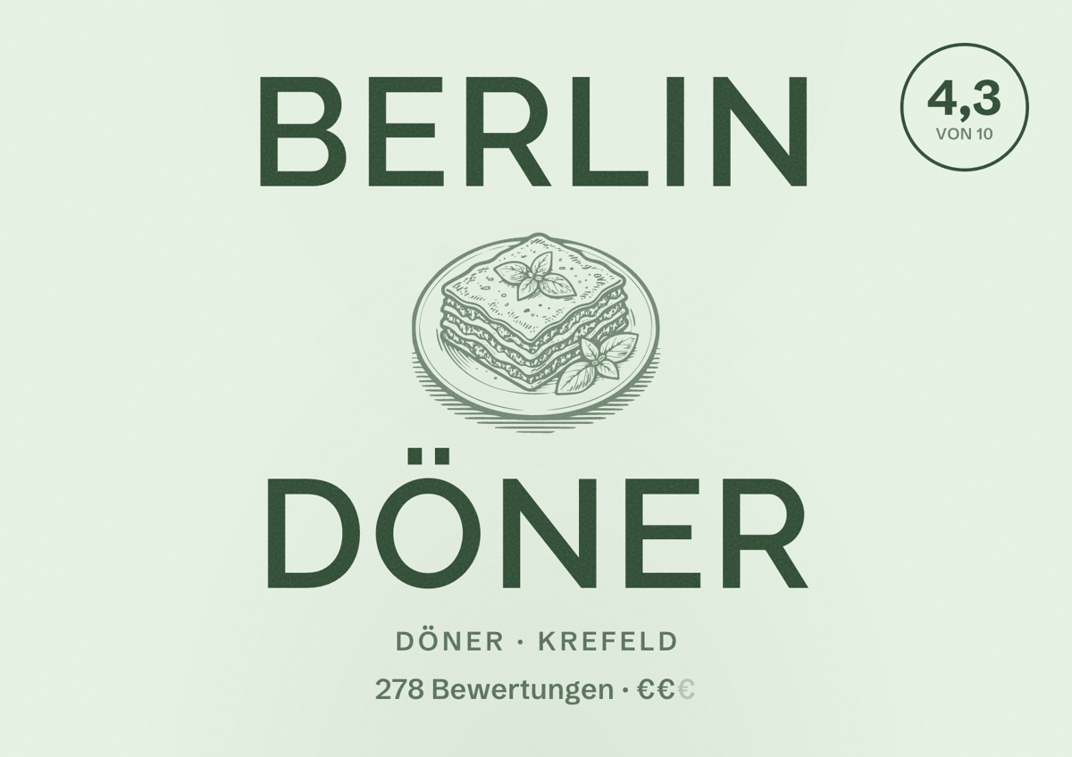 Illustriertes Poster von Berlin Döner, Döner in Krefeld: Bewertung 4,3 von 10 aus 278 Bewertungen, Preisniveau €€