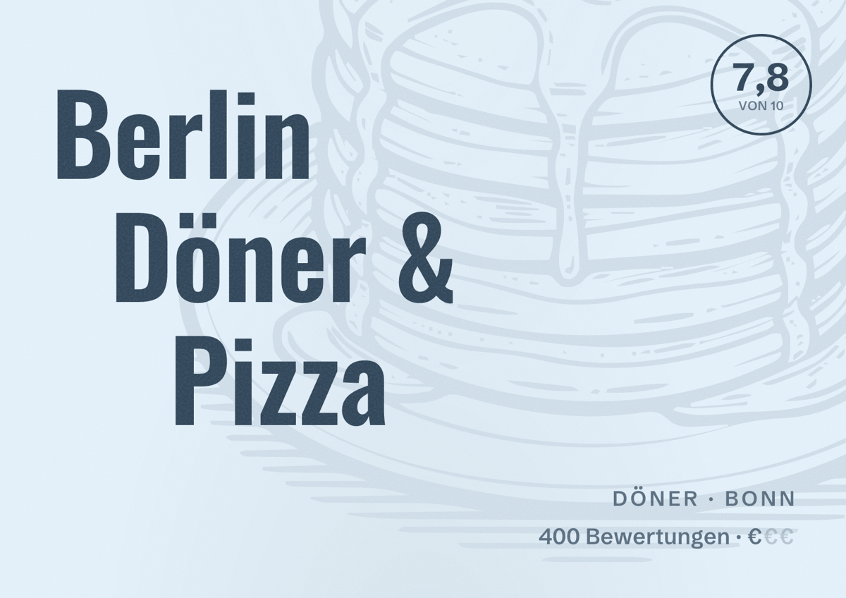 Illustriertes Poster von Berlin Döner & Pizza, Döner in Bonn: Bewertung 7,8 von 10 aus 400 Bewertungen, Preisniveau €