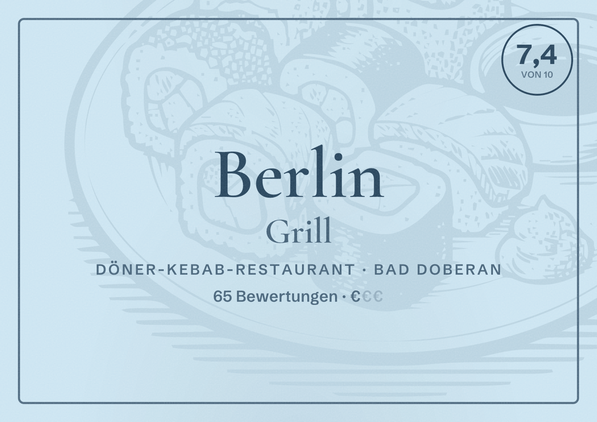 Illustriertes Poster von Berlin Grill, Döner-Kebab-Restaurant in Bad Doberan: Bewertung 7,4 von 10 aus 65 Bewertungen, Preisniveau €