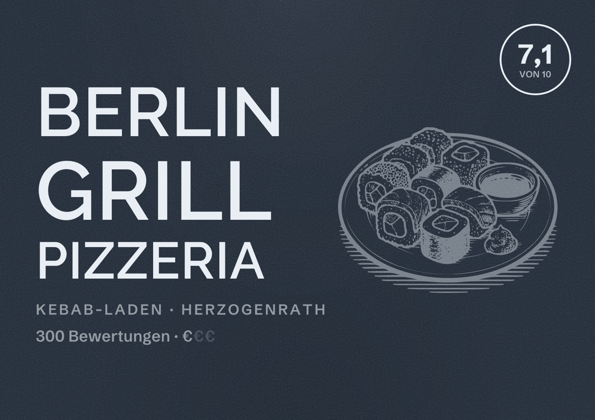 Illustriertes Poster von Berlin Grill Pizzeria, Kebab-Laden in Herzogenrath: Bewertung 7,1 von 10 aus 300 Bewertungen, Preisniveau €