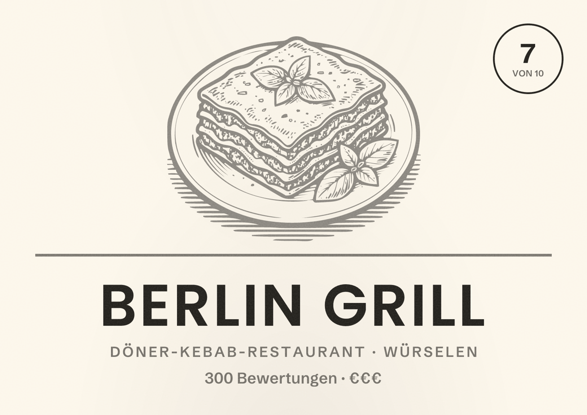 Illustriertes Poster von Berlin Grill, Döner-Kebab-Restaurant in Würselen: Bewertung 7 von 10 aus 300 Bewertungen, Preisniveau €€€