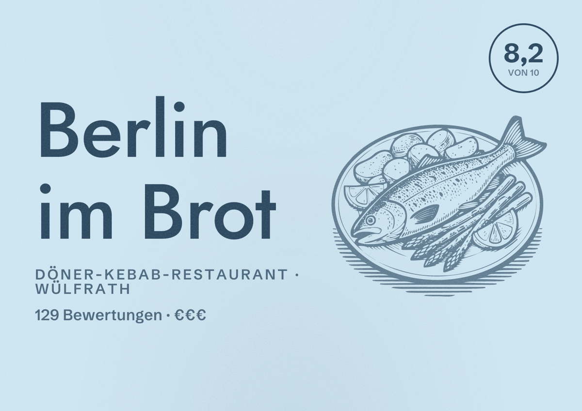 Illustriertes Poster von Berlin im Brot, Döner-Kebab-Restaurant in Wülfrath: Bewertung 8,2 von 10 aus 129 Bewertungen, Preisniveau €€€