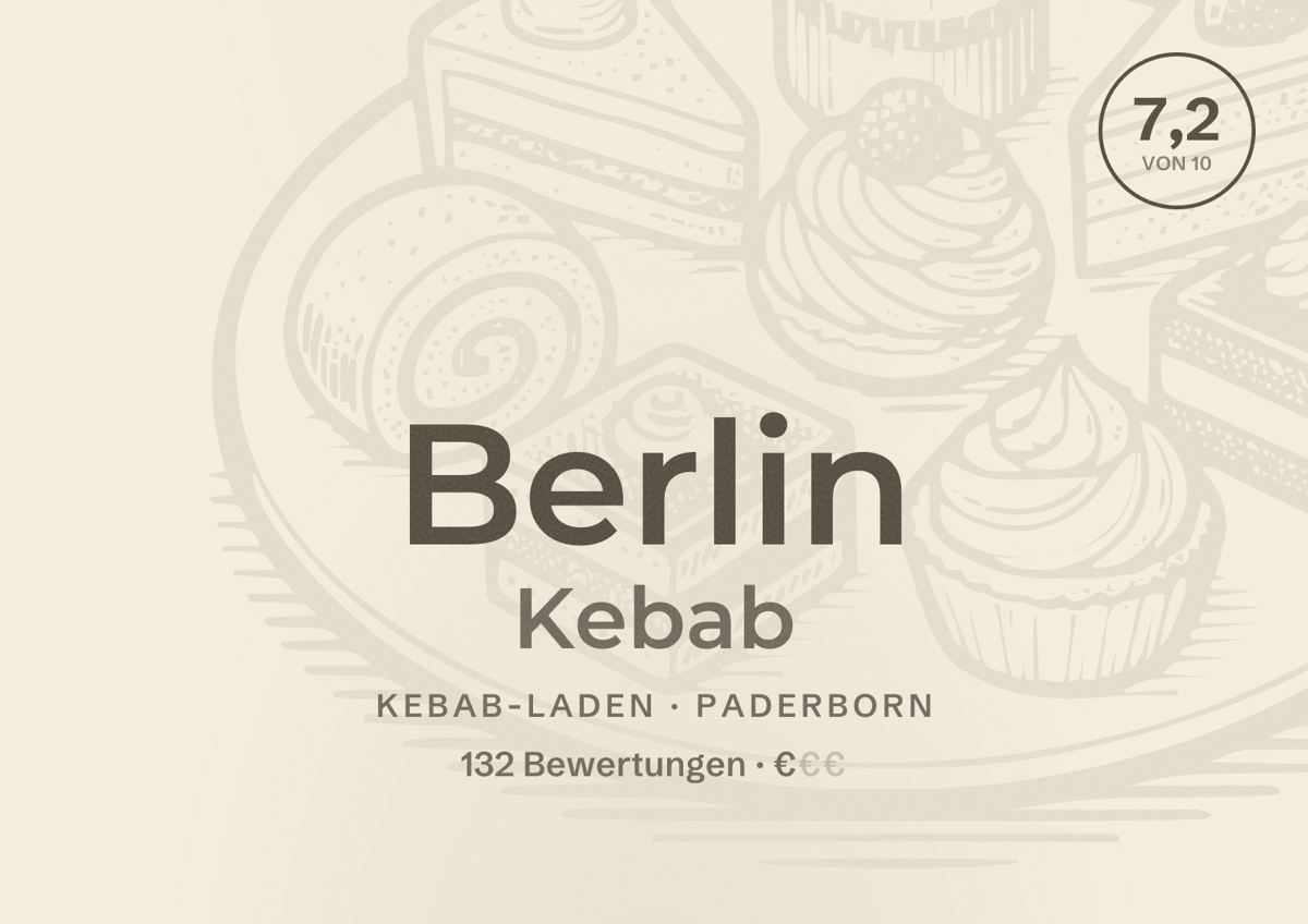 Illustriertes Poster von Berlin Kebab, Kebab-Laden in Paderborn: Bewertung 7,2 von 10 aus 132 Bewertungen, Preisniveau €