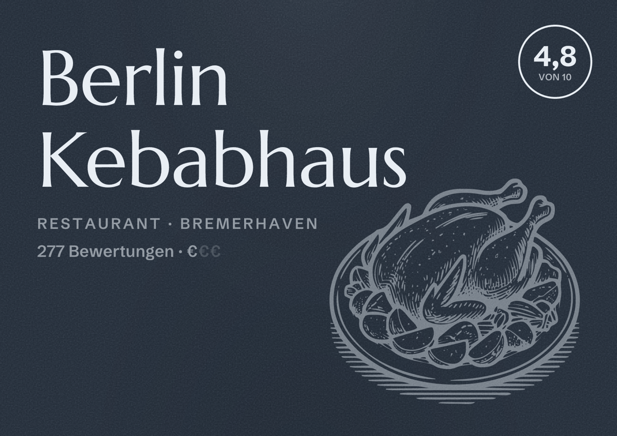 Illustriertes Poster von Berlin Kebabhaus, Restaurant in Bremerhaven: Bewertung 4,8 von 10 aus 277 Bewertungen, Preisniveau €