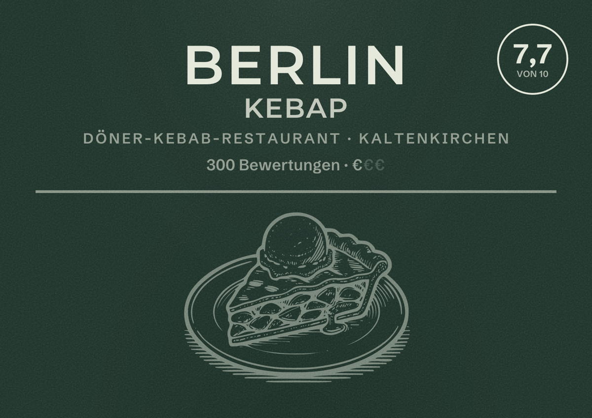 Illustriertes Poster von Berlin Kebap, Döner-Kebab-Restaurant in Kaltenkirchen: Bewertung 7,7 von 10 aus 300 Bewertungen, Preisniveau €