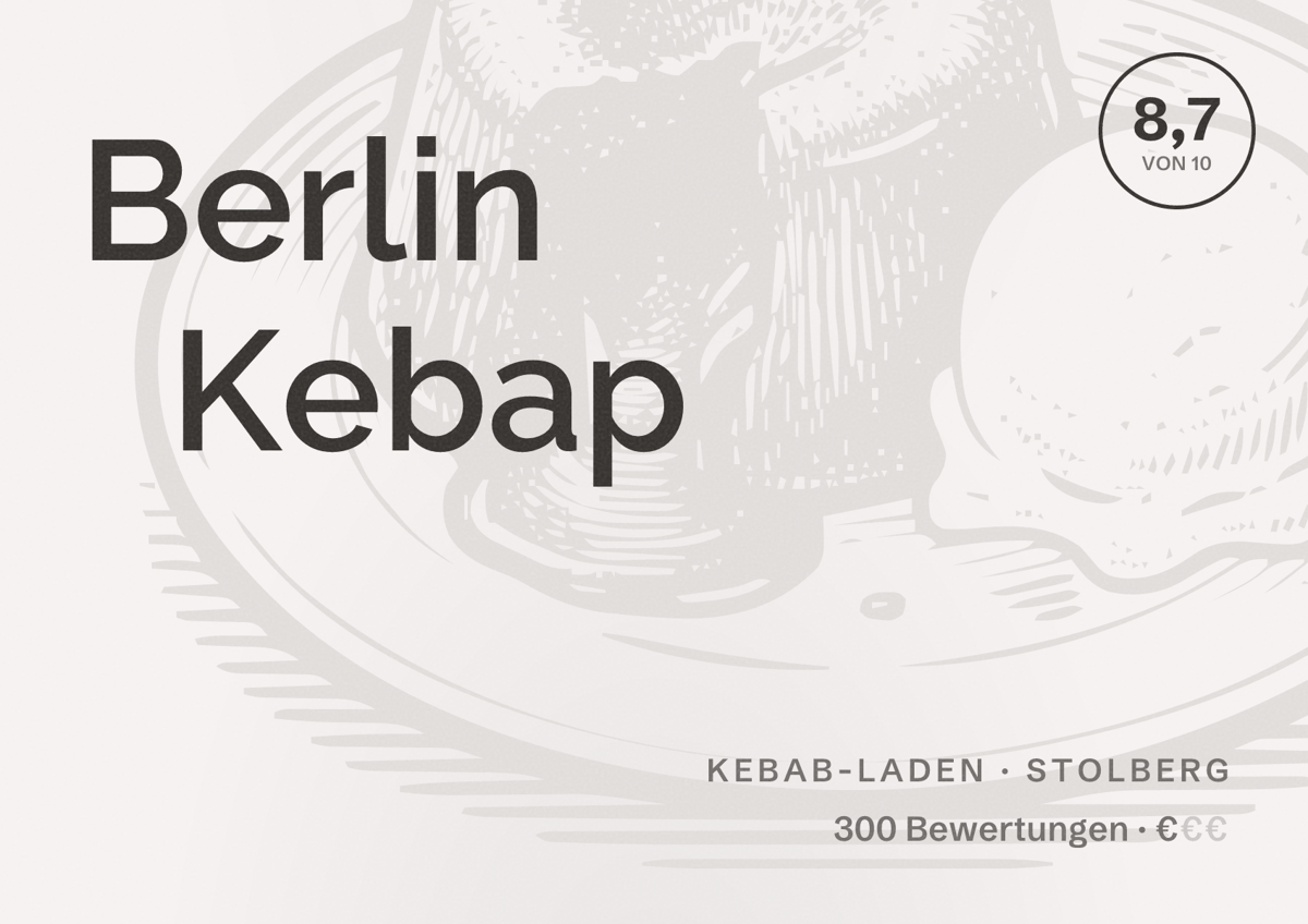 Illustriertes Poster von Berlin Kebap, Kebab-Laden in Stolberg: Bewertung 8,7 von 10 aus 300 Bewertungen, Preisniveau €