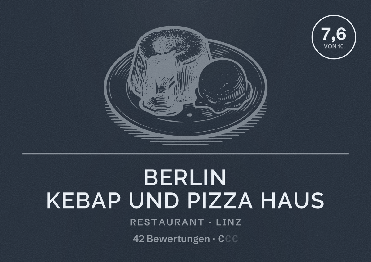 Illustriertes Poster von Berlin Kebap und Pizza Haus, Restaurant in Linz: Bewertung 7,6 von 10 aus 42 Bewertungen, Preisniveau €