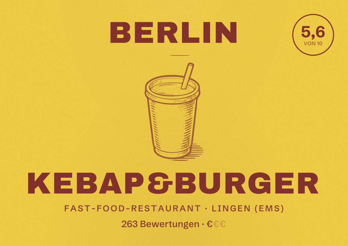 Illustriertes Poster von Berlin Kebap&Burger, Fast-Food-Restaurant in Lingen (Ems): Bewertung 5,6 von 10 aus 263 Bewertungen, Preisniveau €