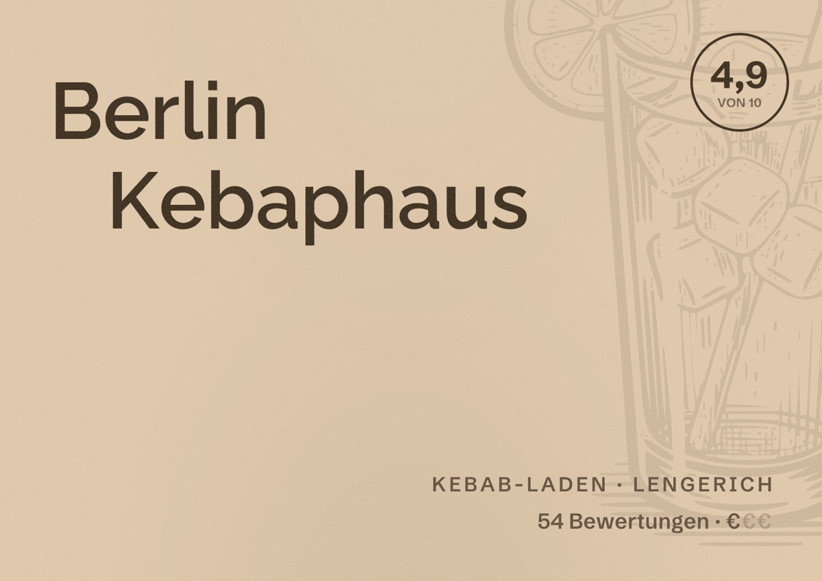 Illustriertes Poster von Berlin Kebaphaus, Kebab-Laden in Lengerich: Bewertung 4,9 von 10 aus 54 Bewertungen, Preisniveau €