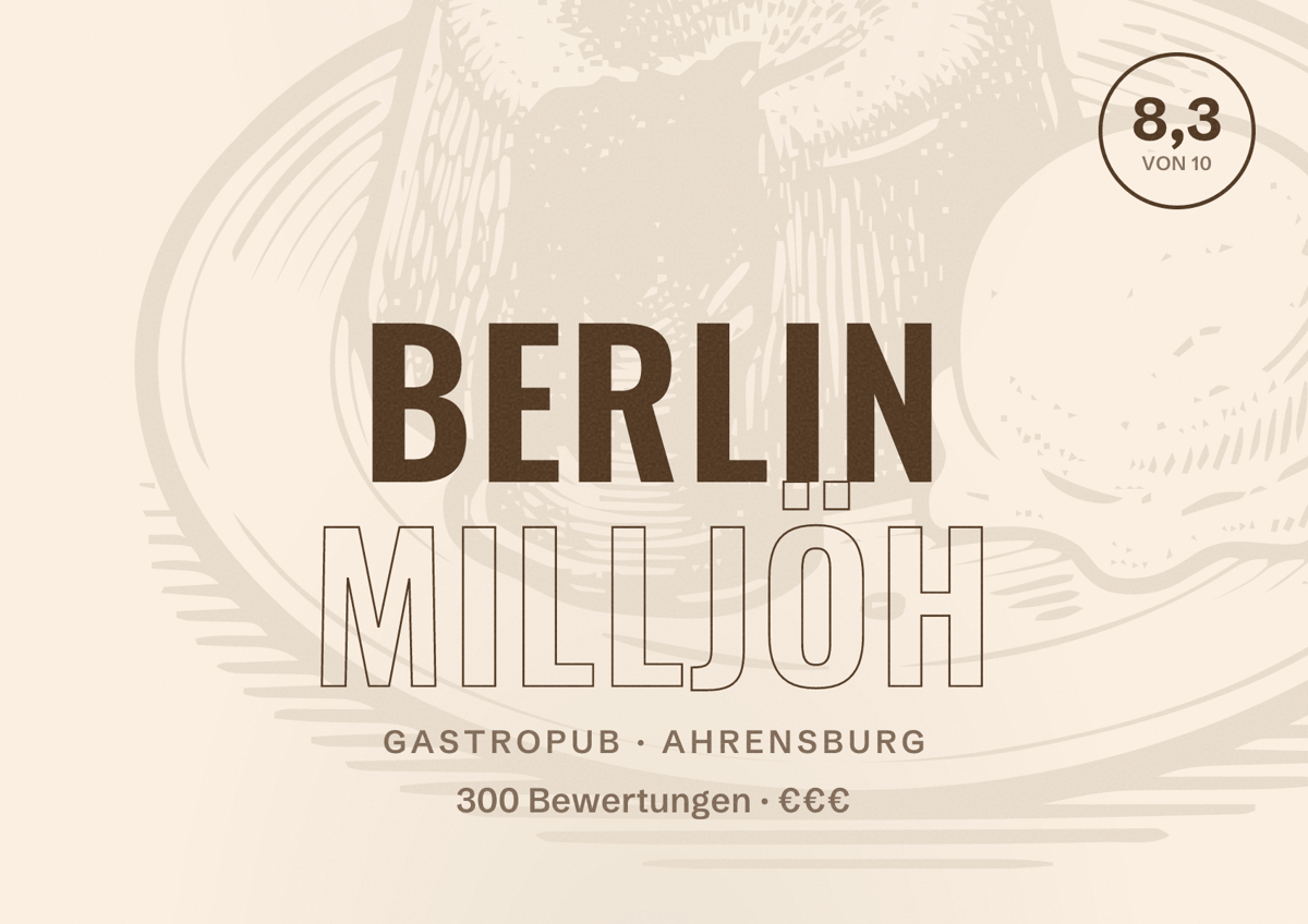 Illustriertes Poster von Berlin Milljöh, Gastropub in Ahrensburg: Bewertung 8,3 von 10 aus 300 Bewertungen, Preisniveau €€€