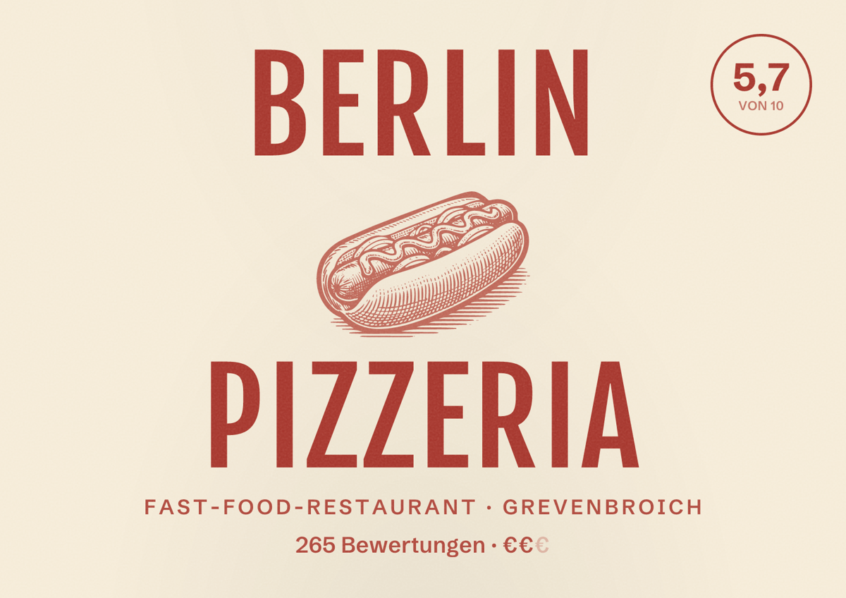 Illustriertes Poster von Berlin Pizzeria, Fast-Food-Restaurant in Grevenbroich: Bewertung 5,7 von 10 aus 265 Bewertungen, Preisniveau €€