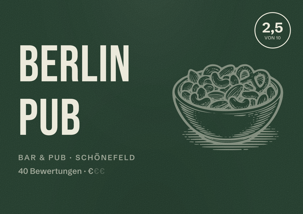 Illustriertes Poster von Berlin Pub, Bar & Pub in Schönefeld: Bewertung 2,5 von 10 aus 40 Bewertungen, Preisniveau €