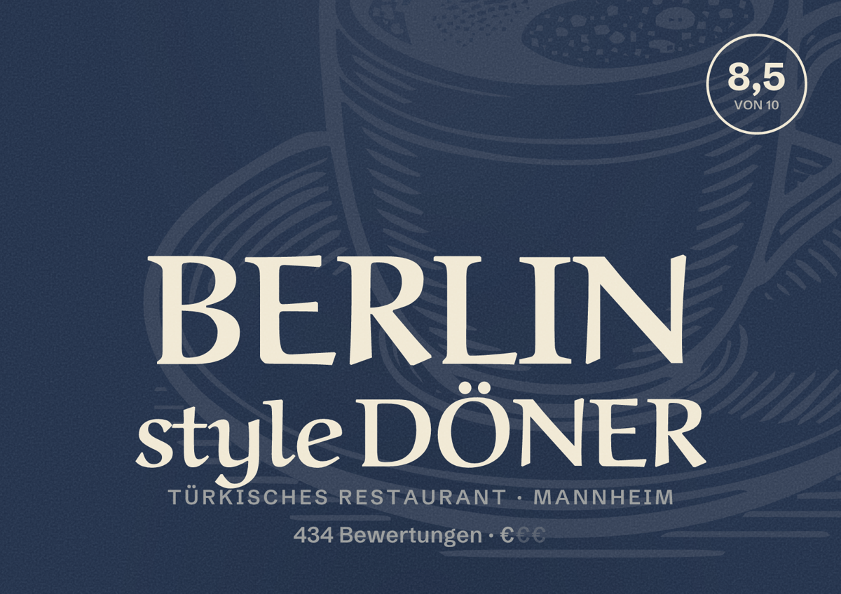Illustriertes Poster von BERLIN style DÖNER, Türkisches Restaurant in Mannheim: Bewertung 8,5 von 10 aus 434 Bewertungen, Preisniveau €