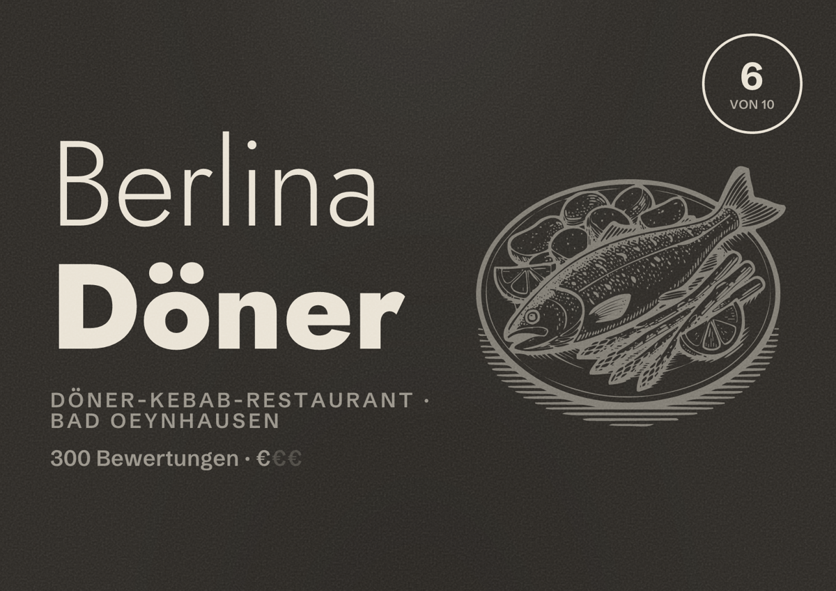 Illustriertes Poster von Berlina Döner, Döner-Kebab-Restaurant in Bad Oeynhausen: Bewertung 6 von 10 aus 300 Bewertungen, Preisniveau €