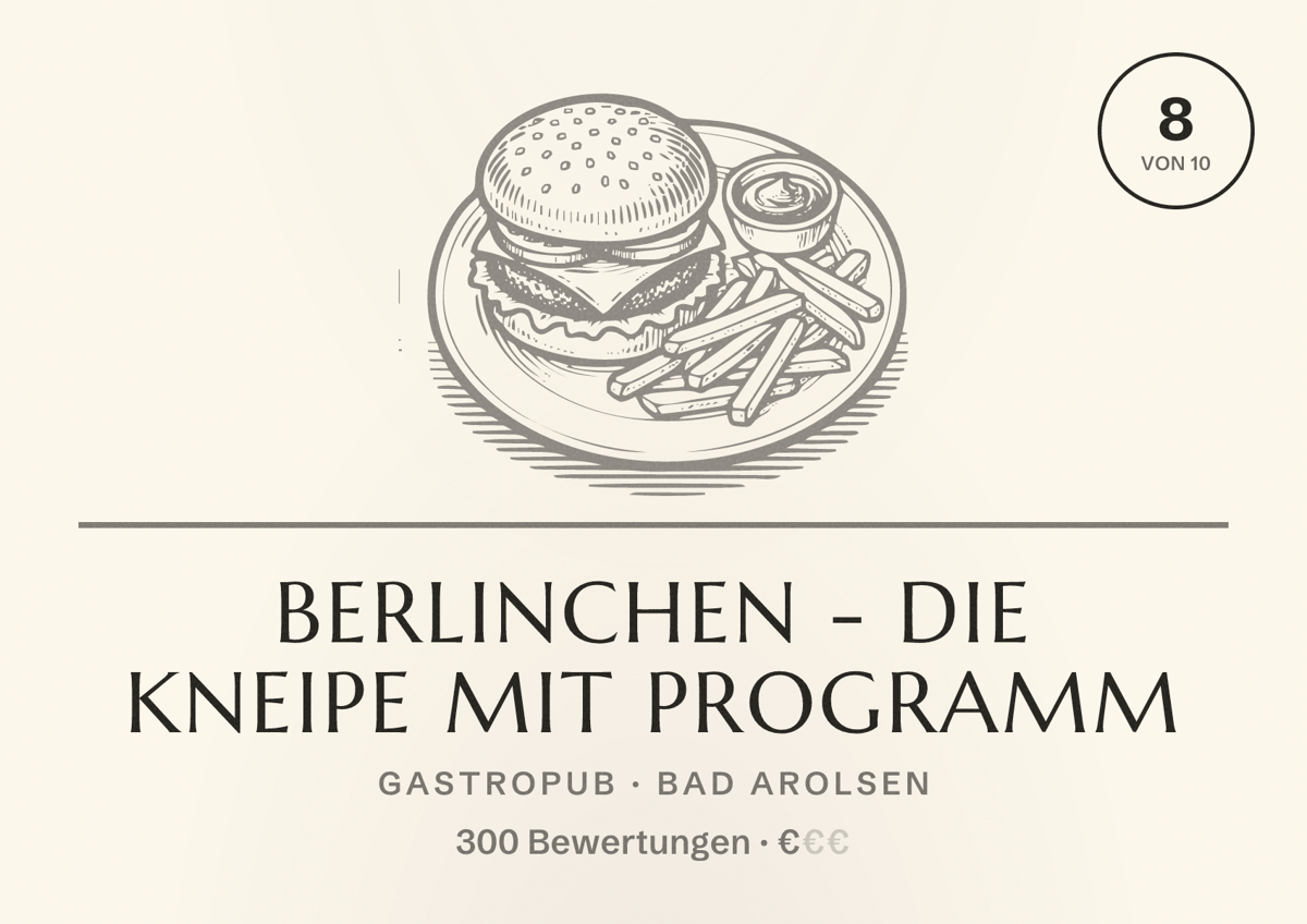 Illustriertes Poster von Berlinchen - DIE Kneipe mit Programm, Gastropub in Bad Arolsen: Bewertung 8 von 10 aus 300 Bewertungen, Preisniveau €