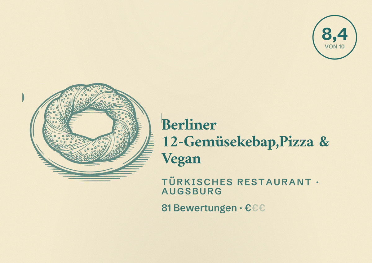 Illustriertes Poster von Berliner 12-Gemüsekebap,Pizza & Vegan, Türkisches Restaurant in Augsburg: Bewertung 8,4 von 10 aus 81 Bewertungen, Preisniveau €
