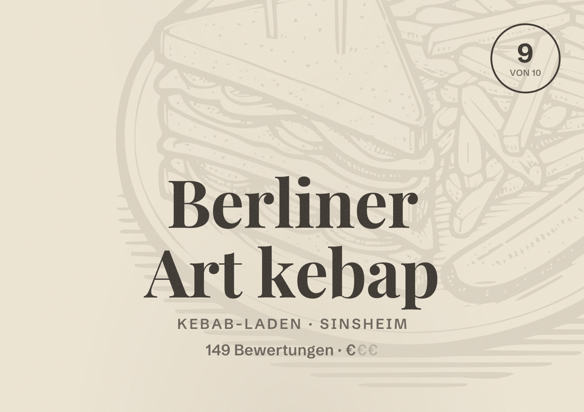Illustriertes Poster von Berliner Art kebap, Kebab-Laden in Sinsheim: Bewertung 9 von 10 aus 149 Bewertungen, Preisniveau €