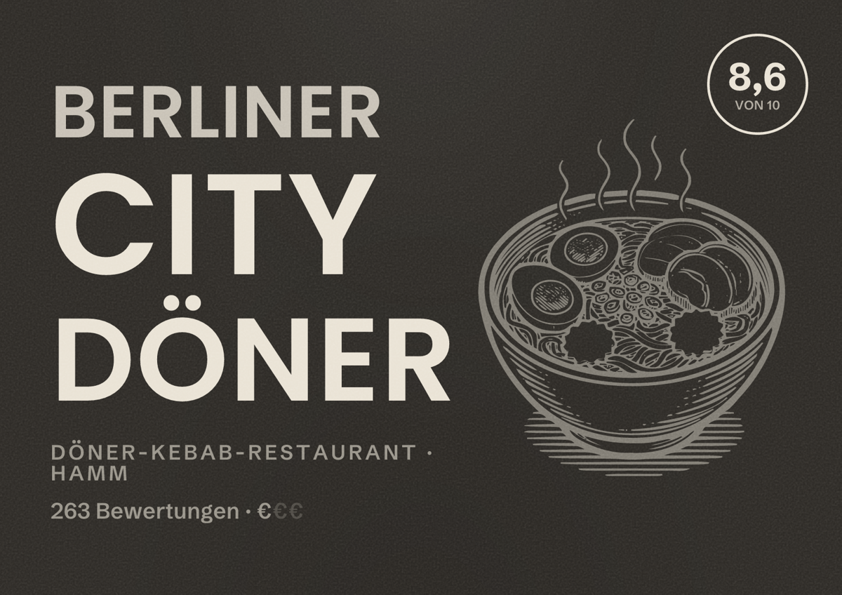 Illustriertes Poster von Berliner City Döner, Döner-Kebab-Restaurant in Hamm: Bewertung 8,6 von 10 aus 263 Bewertungen, Preisniveau €