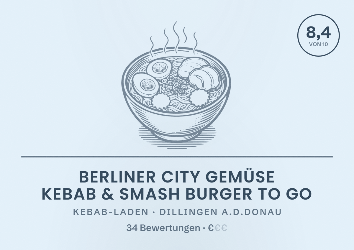 Illustriertes Poster von Berliner City Gemüse kebab & Smash Burger To Go, Kebab-Laden in Dillingen a.d.Donau: Bewertung 8,4 von 10 aus 34 Bewertungen, Preisniveau €