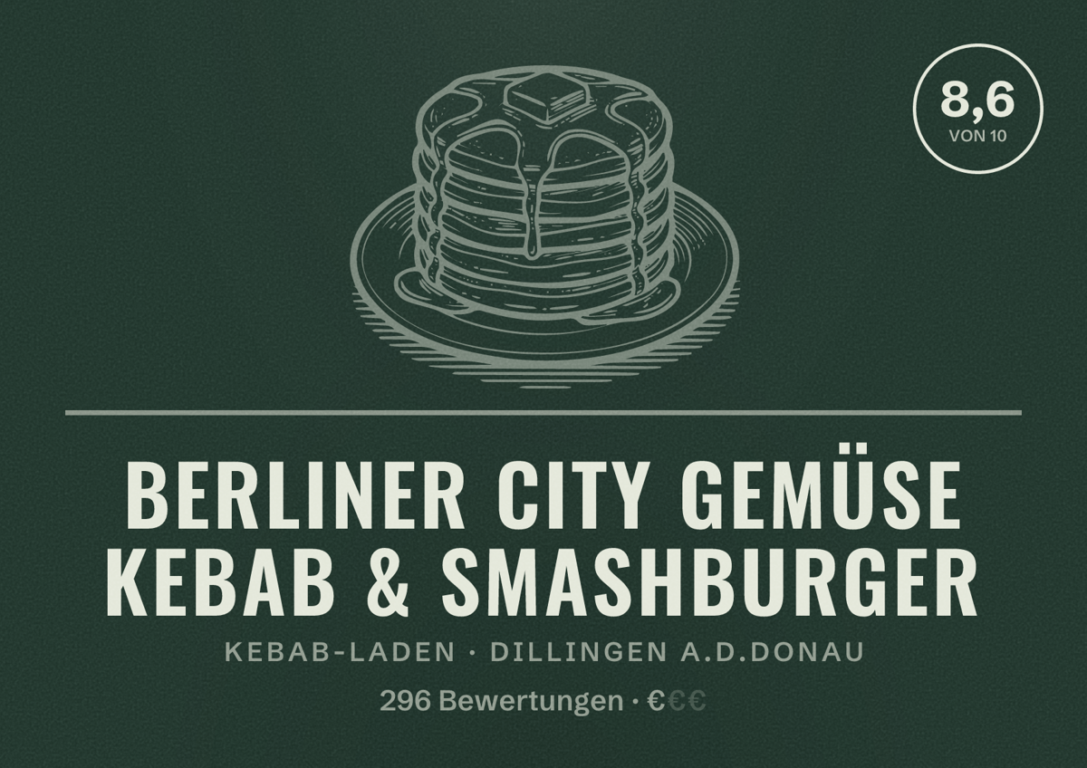 Illustriertes Poster von Berliner City Gemüse Kebab & Smashburger, Kebab-Laden in Dillingen a.d.Donau: Bewertung 8,6 von 10 aus 296 Bewertungen, Preisniveau €