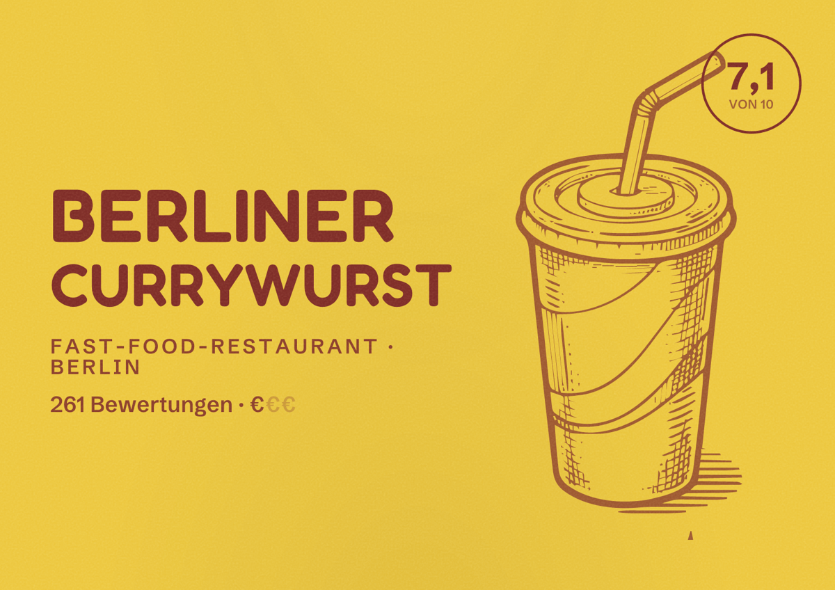 Illustriertes Poster von Berliner Currywurst, Fast-Food-Restaurant in Berlin: Bewertung 7,1 von 10 aus 261 Bewertungen, Preisniveau €