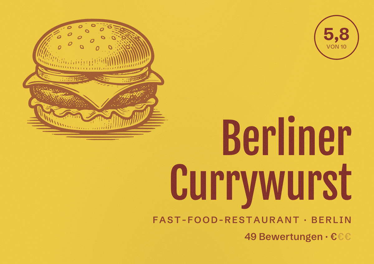 Illustriertes Poster von Berliner Currywurst, Fast-Food-Restaurant in Berlin: Bewertung 5,8 von 10 aus 49 Bewertungen, Preisniveau €