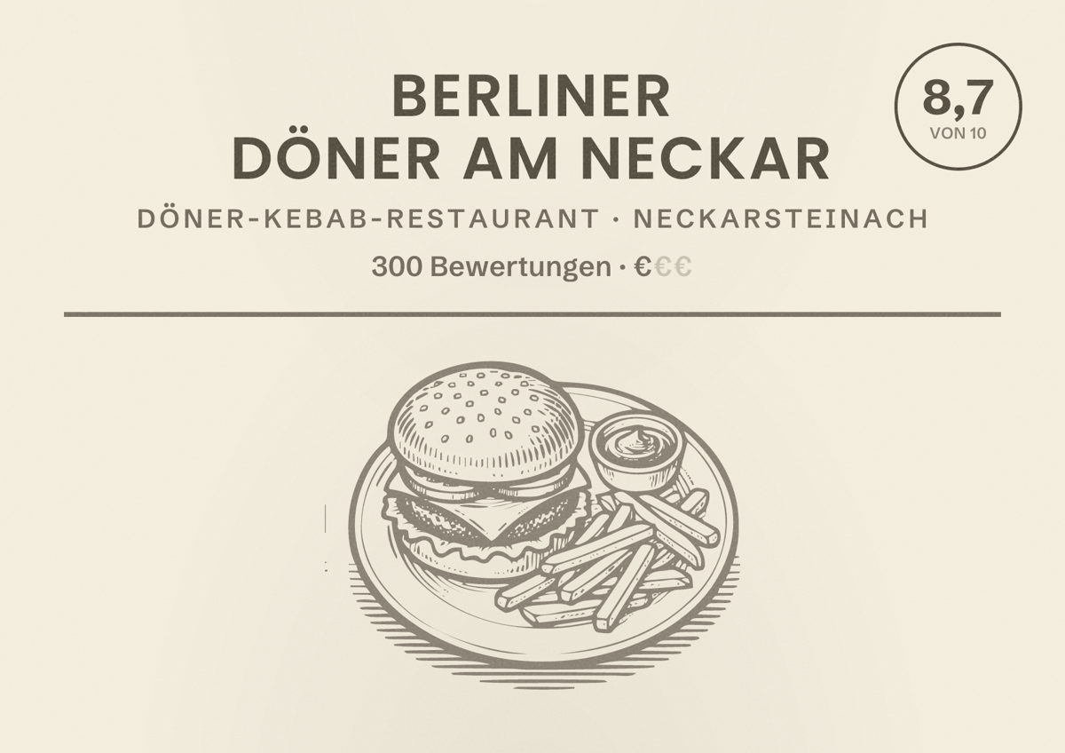 Illustriertes Poster von Berliner Döner am Neckar, Döner-Kebab-Restaurant in Neckarsteinach: Bewertung 8,7 von 10 aus 300 Bewertungen, Preisniveau €