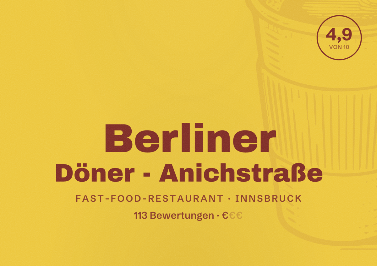 Illustriertes Poster von Berliner Döner - Anichstraße, Fast-Food-Restaurant in Innsbruck: Bewertung 4,9 von 10 aus 113 Bewertungen, Preisniveau €