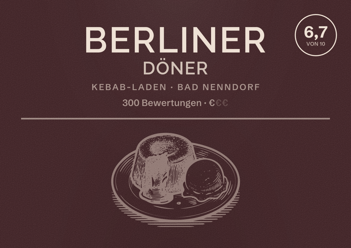 Illustriertes Poster von Berliner Döner, Kebab-Laden in Bad Nenndorf: Bewertung 6,7 von 10 aus 300 Bewertungen, Preisniveau €