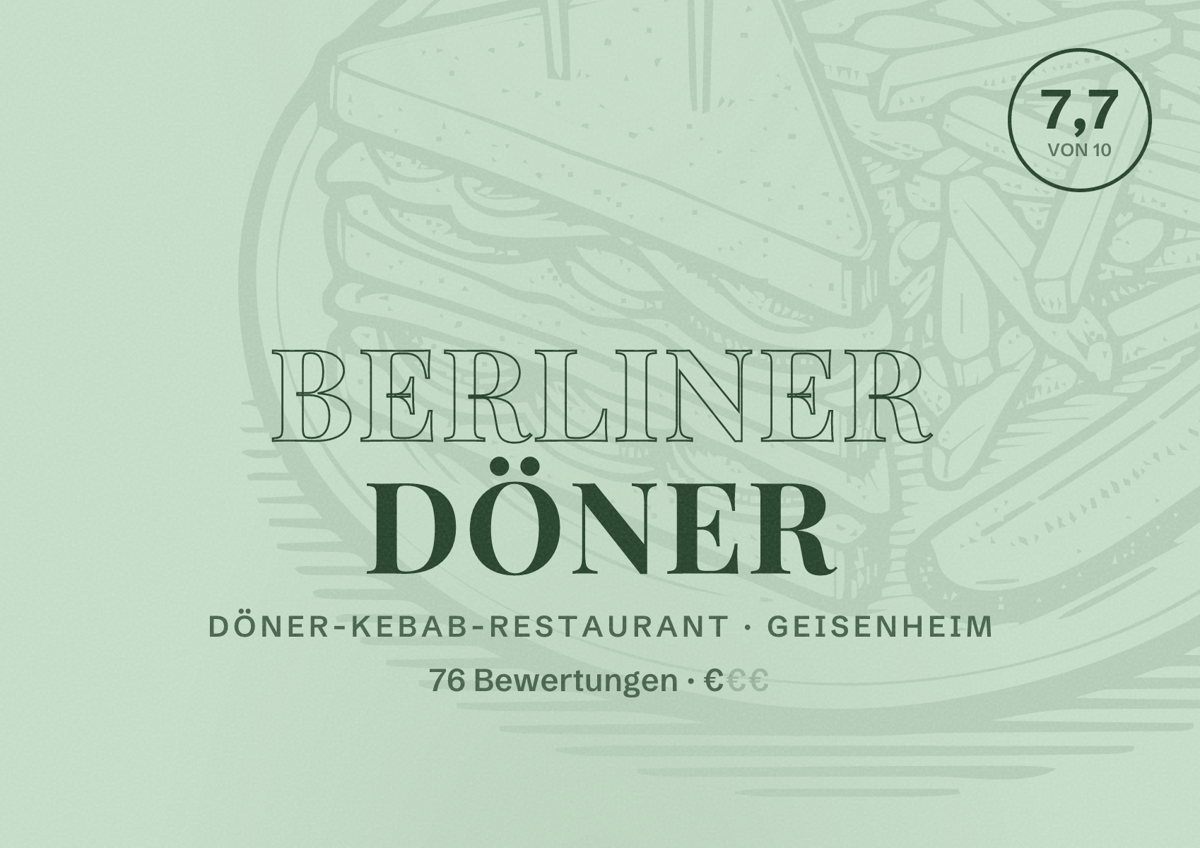 Illustriertes Poster von Berliner Döner, Döner-Kebab-Restaurant in Geisenheim: Bewertung 7,7 von 10 aus 76 Bewertungen, Preisniveau €