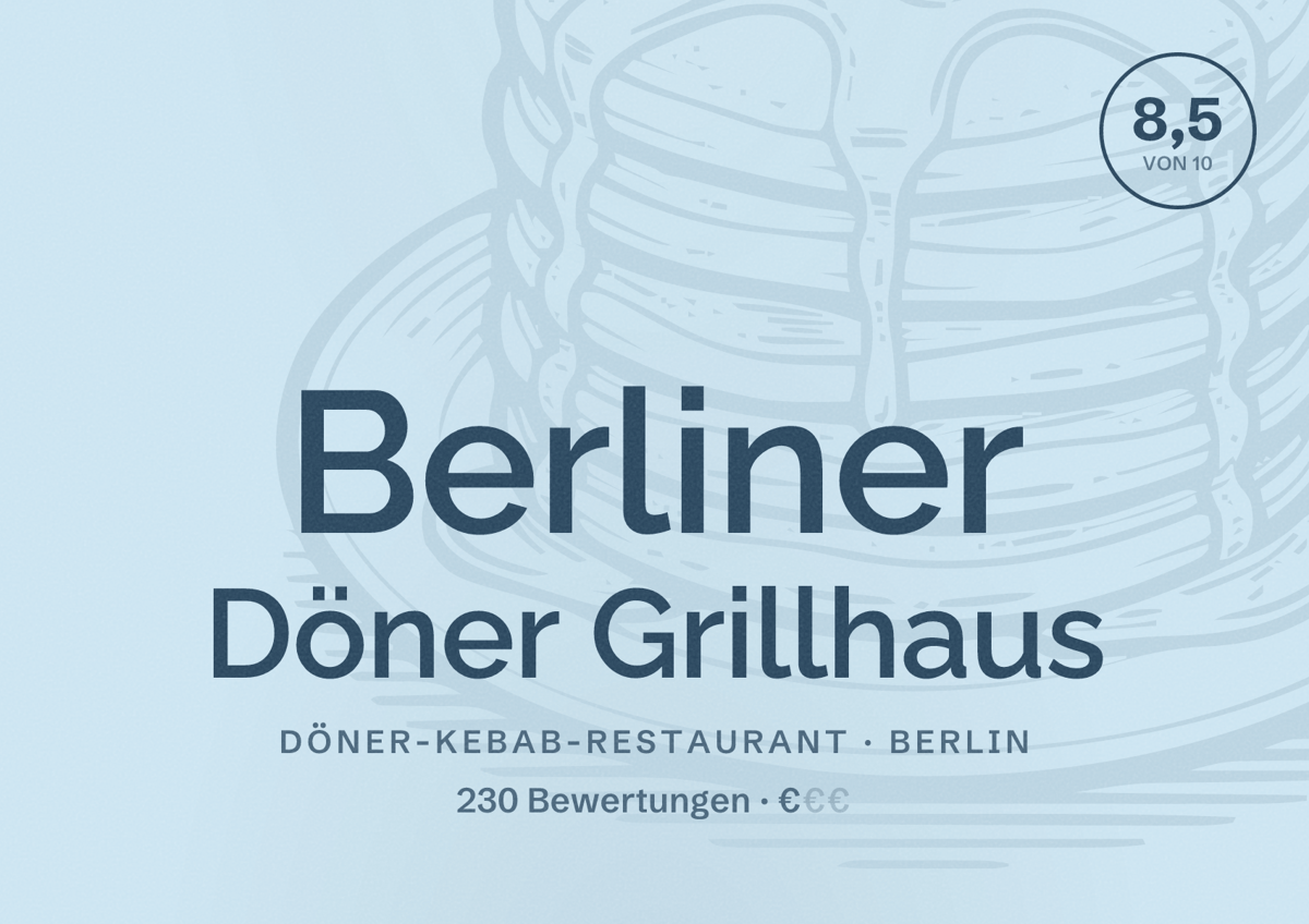 Illustriertes Poster von Berliner Döner Grillhaus, Döner-Kebab-Restaurant in Berlin: Bewertung 8,5 von 10 aus 230 Bewertungen, Preisniveau €