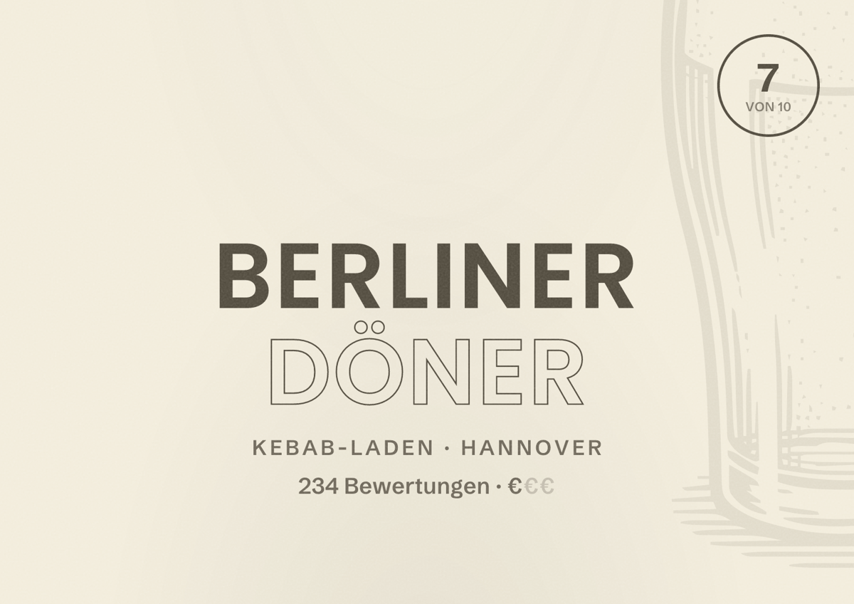 Illustriertes Poster von Berliner Döner, Kebab-Laden in Hannover: Bewertung 7 von 10 aus 234 Bewertungen, Preisniveau €