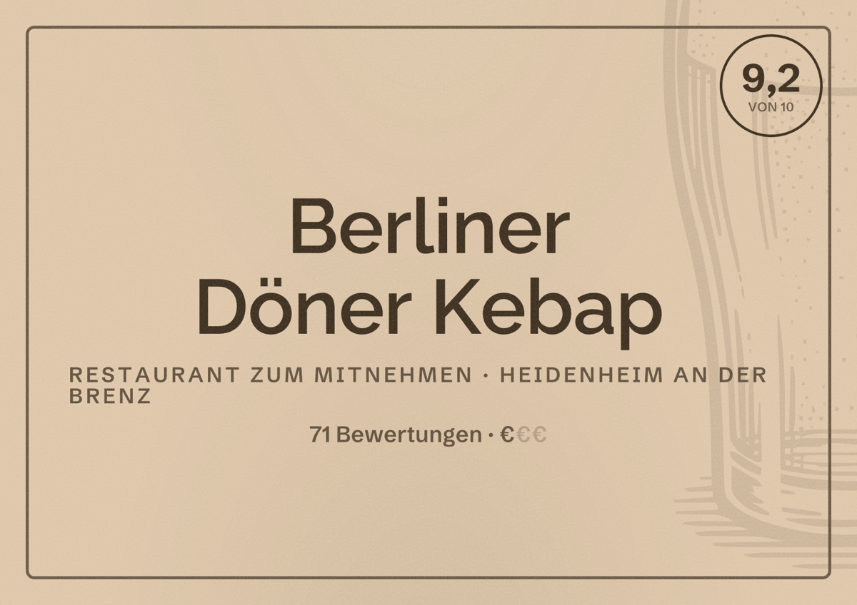 Illustriertes Poster von Berliner Döner Kebap, Restaurant zum Mitnehmen in Heidenheim an der Brenz: Bewertung 9,2 von 10 aus 71 Bewertungen, Preisniveau €